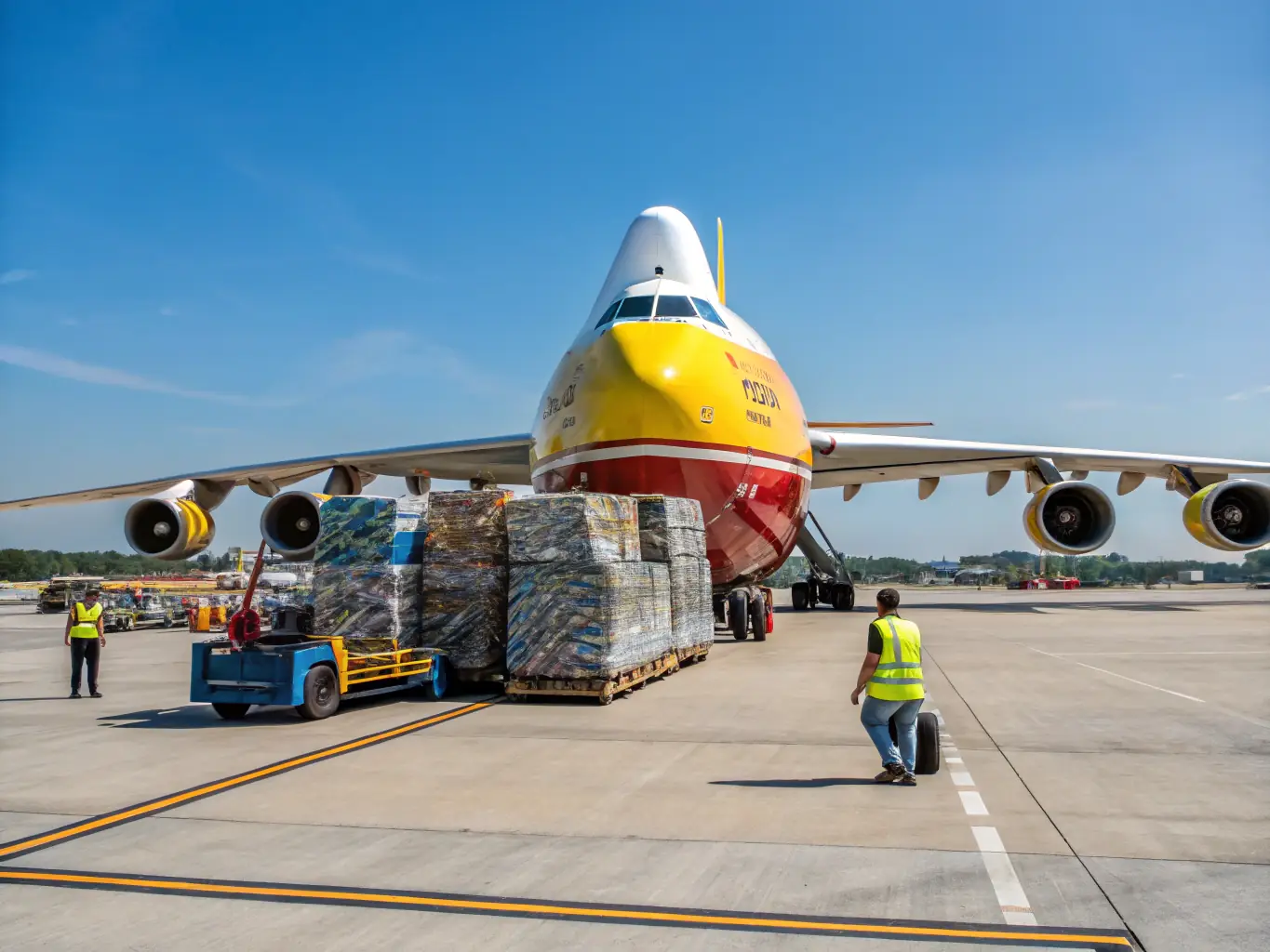 An image of a cargo plane being loaded with goods, representing air freight services.