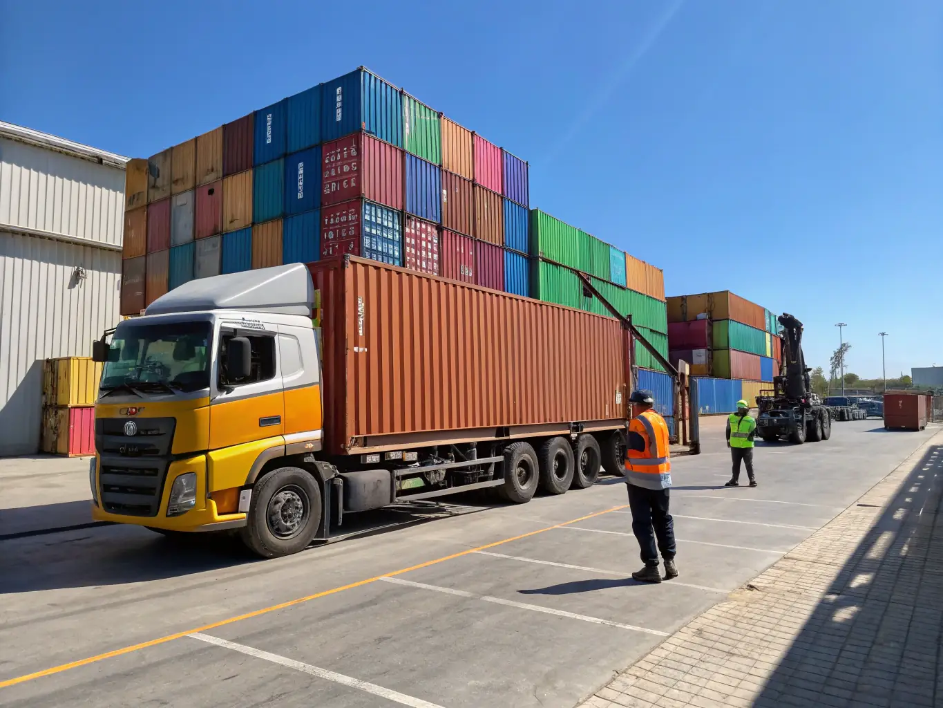 An image of a truck delivering goods to a warehouse, illustrating land transportation services.