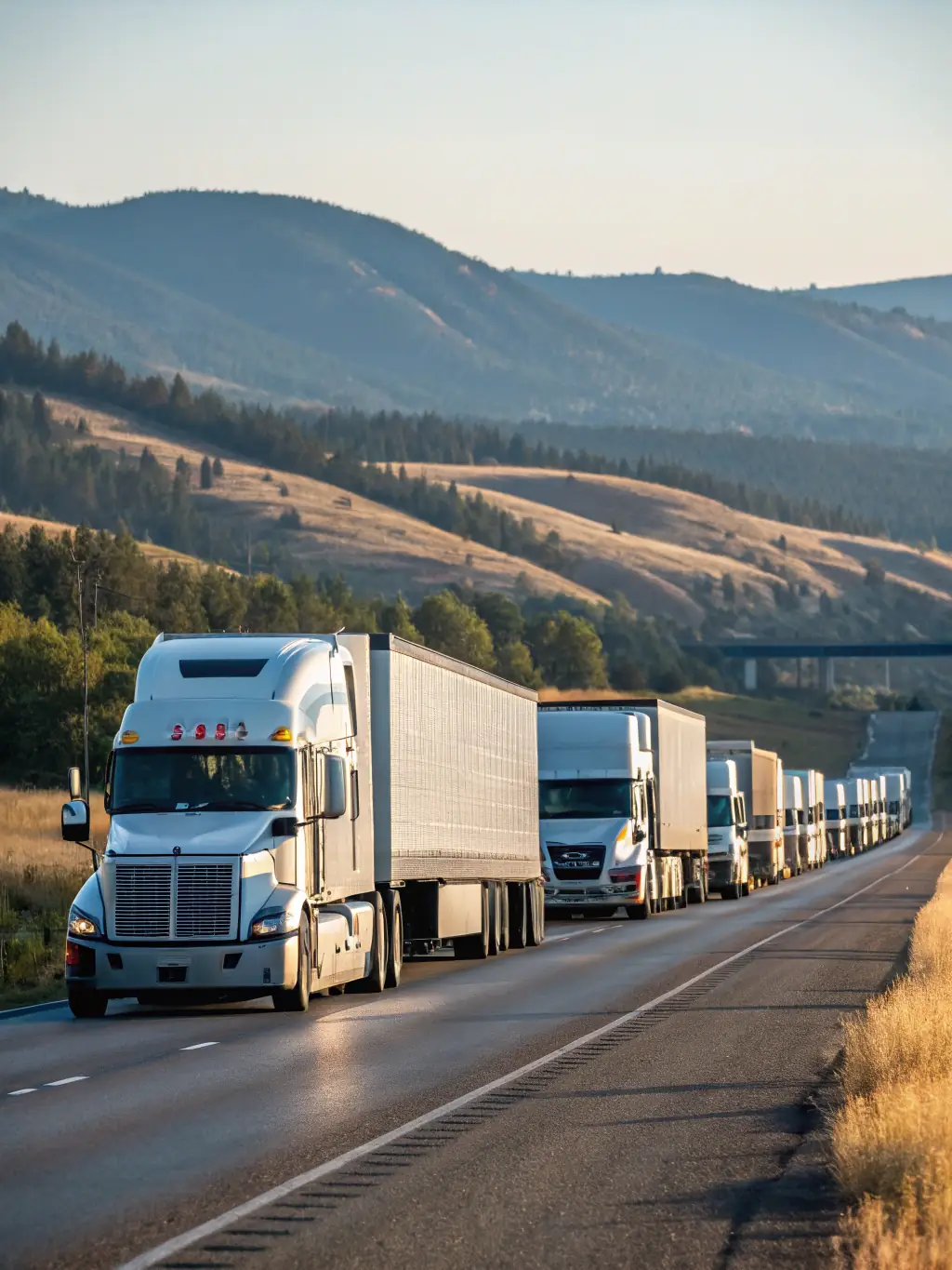 A fleet of trucks on a highway, transporting goods across the country, showcasing the company's comprehensive land transportation network.