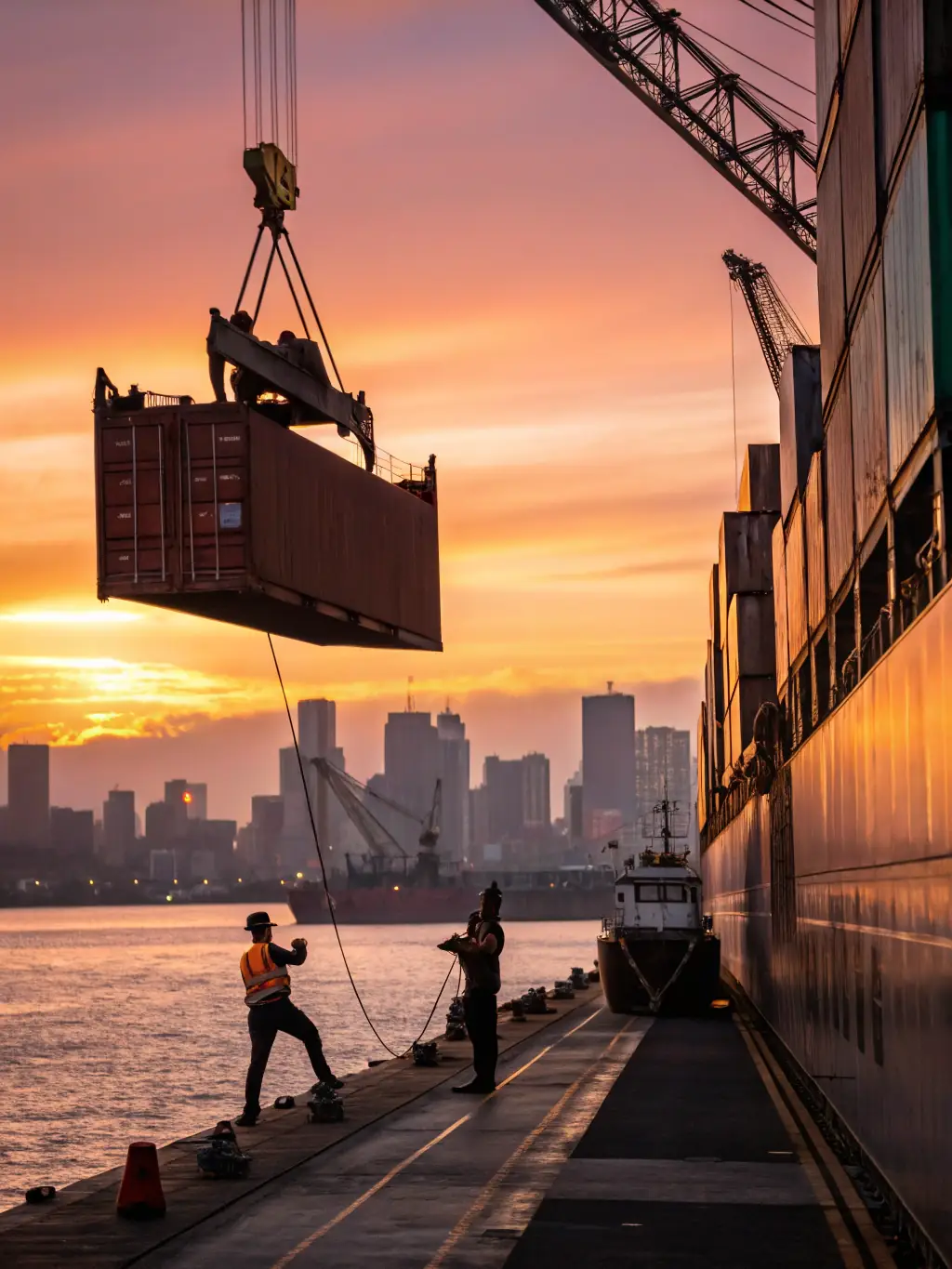 A brightly lit shipping port with various cargo containers being loaded onto a large container ship, symbolizing global trade and efficient logistics.