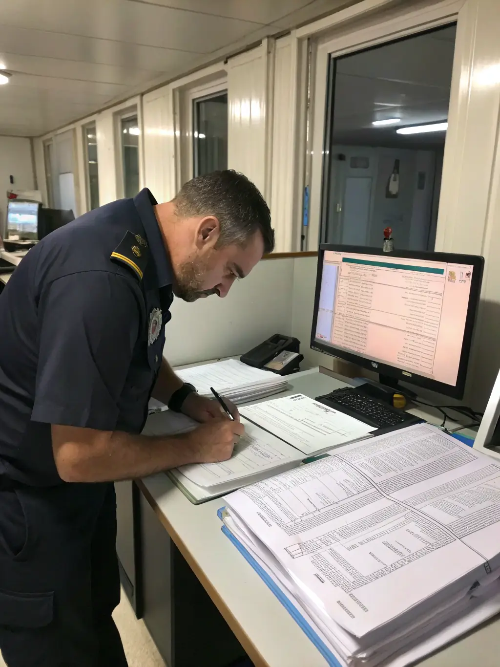 A customs officer inspecting shipping documents with a backdrop of stacked cargo boxes, highlighting the importance of compliance and accuracy.